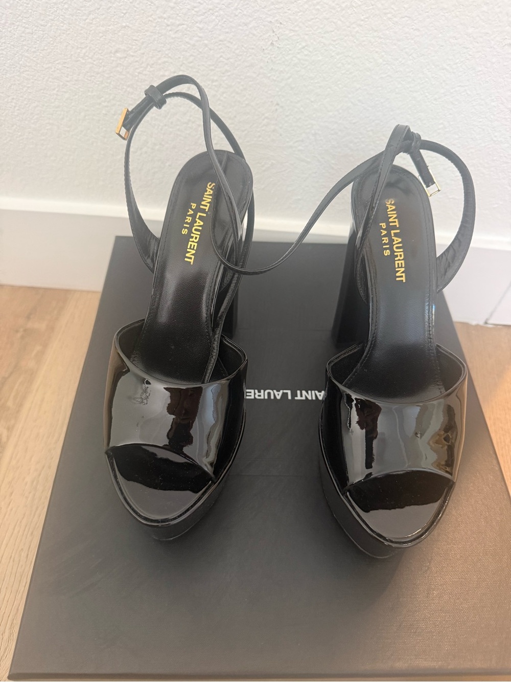 Saint Laurent Black Patent Leather Platform Slingback Sandals